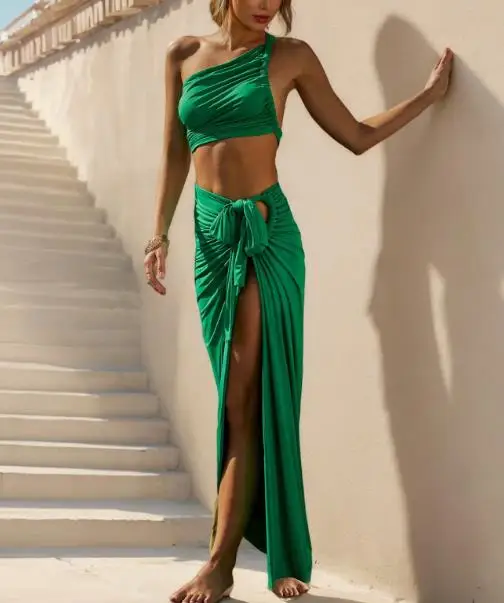 

Женский костюм, юбка, весна-лето 2023, новый топ без бретелек, юбка средней длины с нерегулярными бретелями, комплект юбки в стиле ретро для отдыха и отпуска