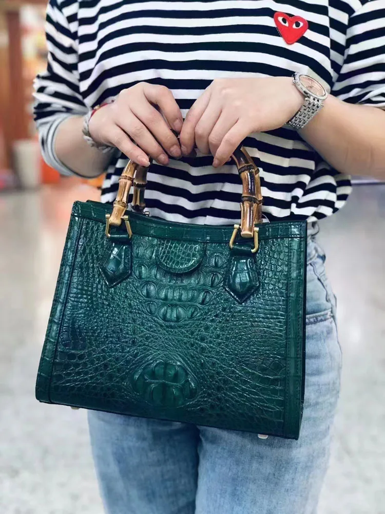 Elegant Women Crocodile Genuine Leather Bamboo Handbag Brand Designer Office Ladies Totes Real Alligator Skin Party Luxury Bag