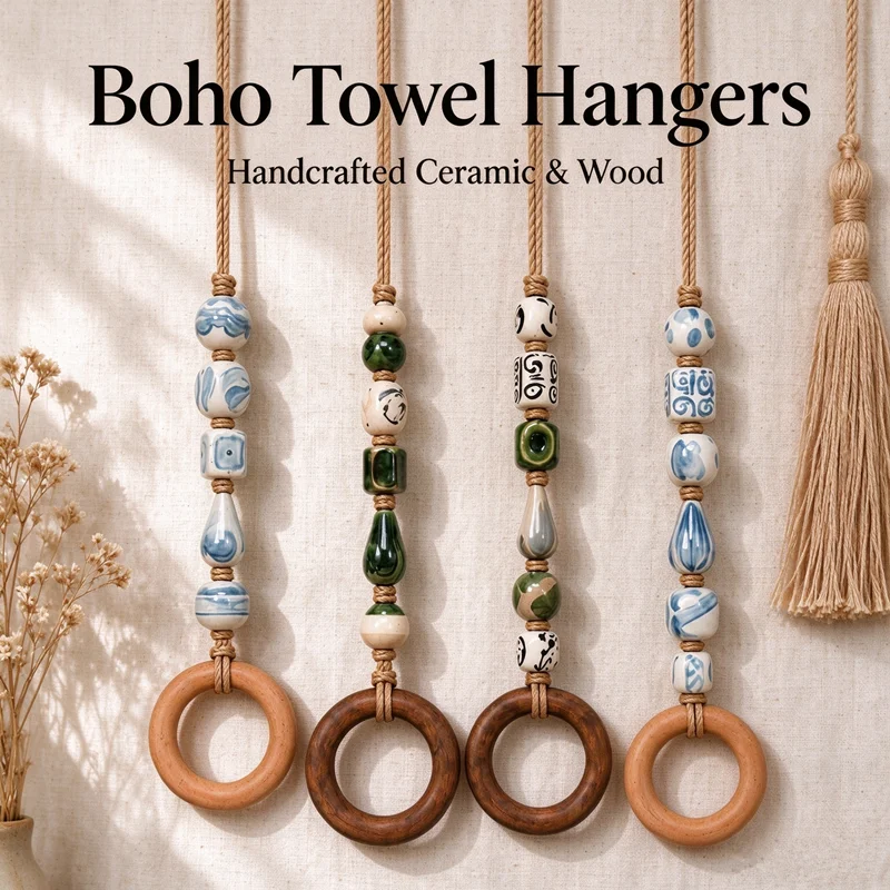 Boho Beaded Towel Hanger Handmade Ceramic Beads Wooden Ring Towel Holder Decorative Wall Hanging Towel Rack For Bathroom Kitchen
