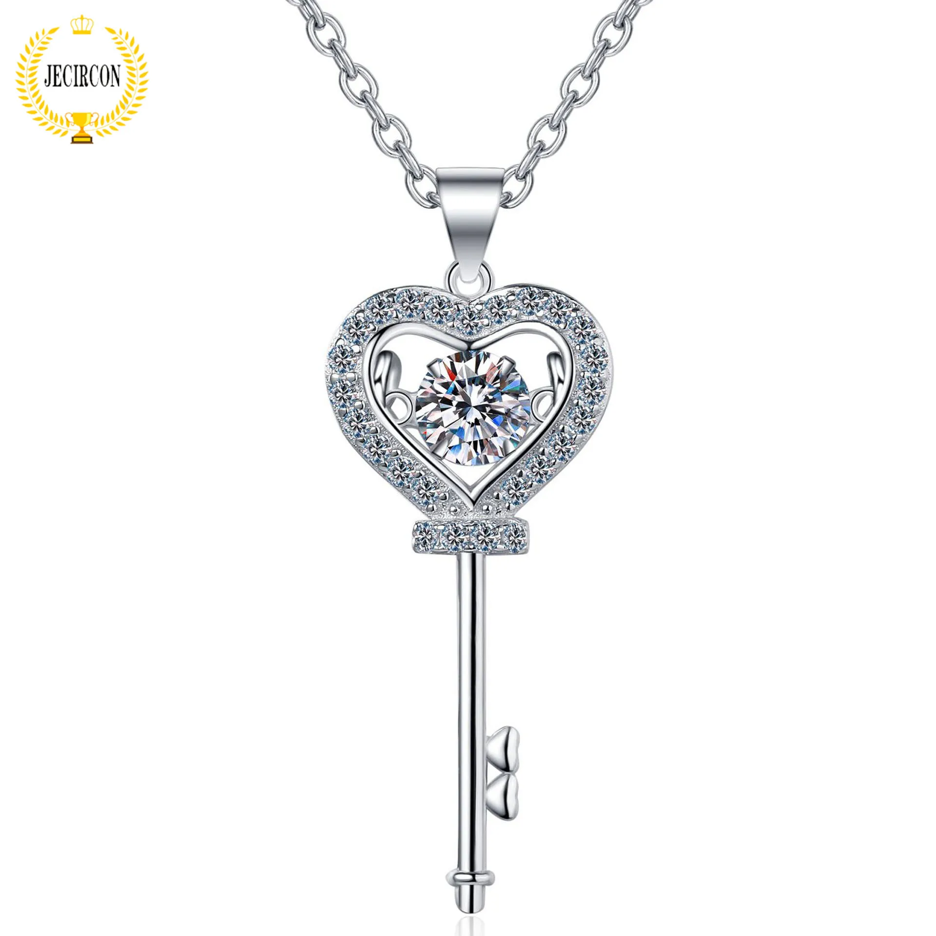 

JECIRCON 925 Sterling Silver Simulation Diamond Necklace for Women 0.5ct Smart Moissanite Key Love Heart Pendant Clavicle Chain