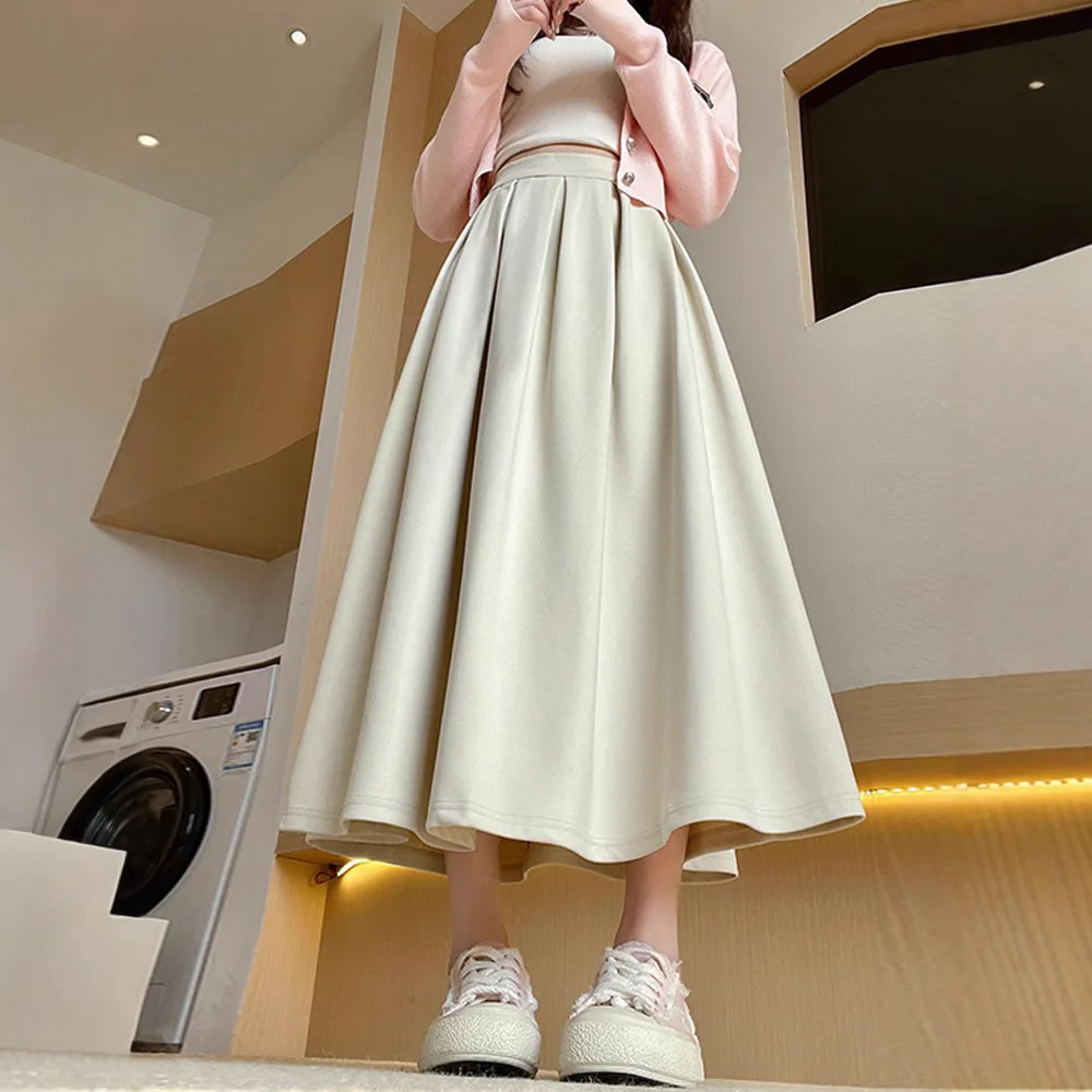 Woolen pleated midi skirt 2025 autumn and winter new item plus size high waist slimming A-line midi skirt