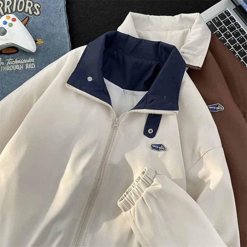 

Модная мужская куртка на молнии с принтом High Street с отложным воротником, повседневная осенняя верхняя одежда, мужское бейсбольное пальто с длинными рукавами, новый топ