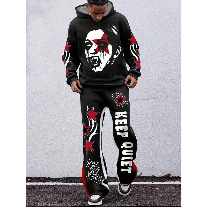 2025 قطعتين عارضة الأزياء إلكتروني تمثال الحرية نمط 3D مطبوعة هوديي يقترن عدد السراويل المستقيمة