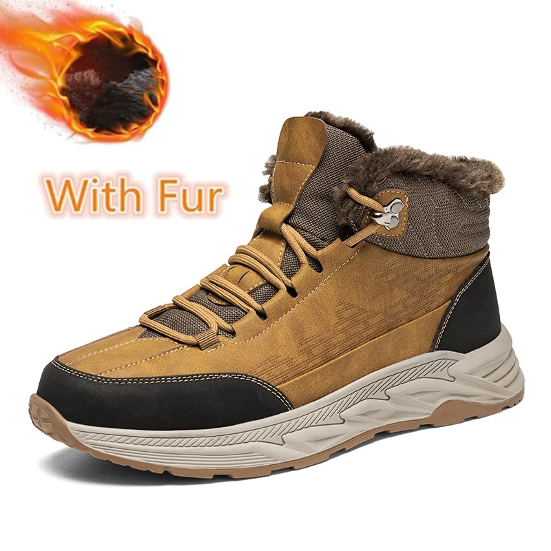 Men's Snow Boots Winter High Top Sneakers Plush Warm Winter Boots Outdoor Non Slip Hiking Boots Leather Ankle Boot Botas Hombre