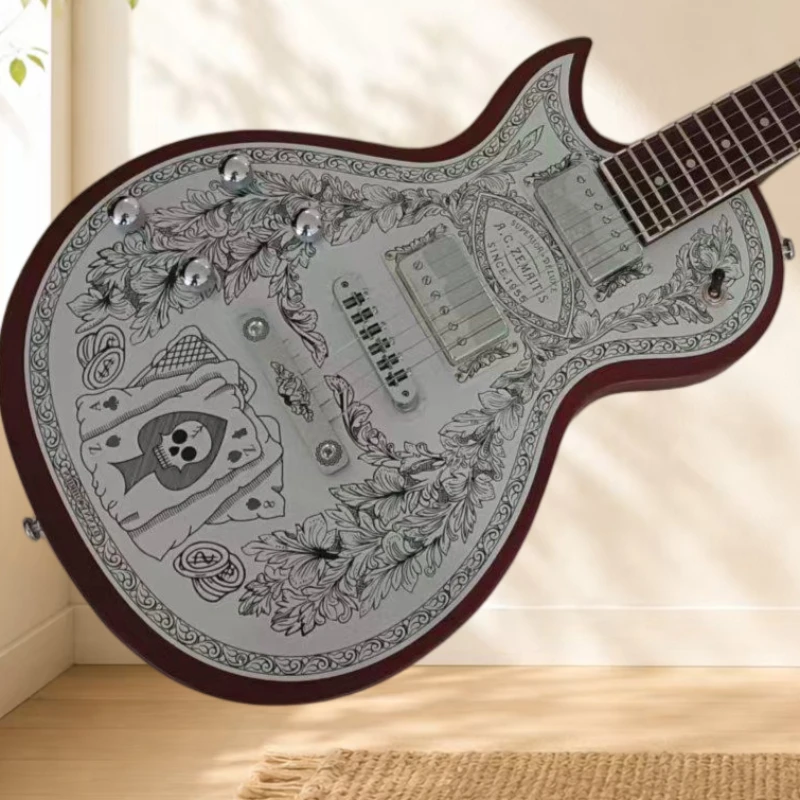 LPT All Aluminum Hand Etched Carved Retro Metal Shell Dual Pickups Peach Blossom Heart Body Stable Bridge Free Shipping