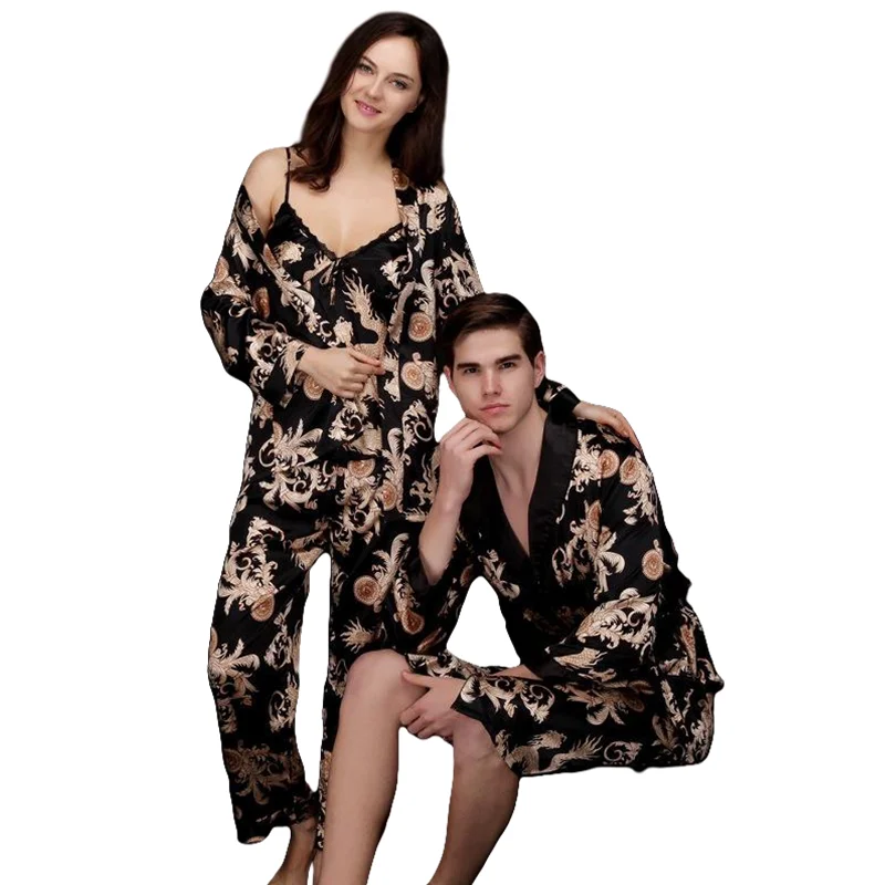 Luxury Paisley Pattern Kimono Robes Men Silk Satin Nightgown Women Long Sleeve Sleepwear Pajamas Sets