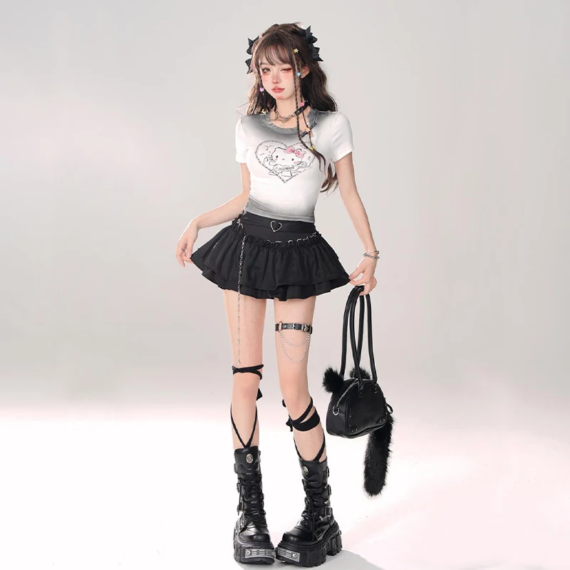 Streetwear Dress set Y2k Mini Skirt Women Sweet Kawaii High Waist Lace A Line Skirt Summer Korean Fashion Black Ball Gown Skirts