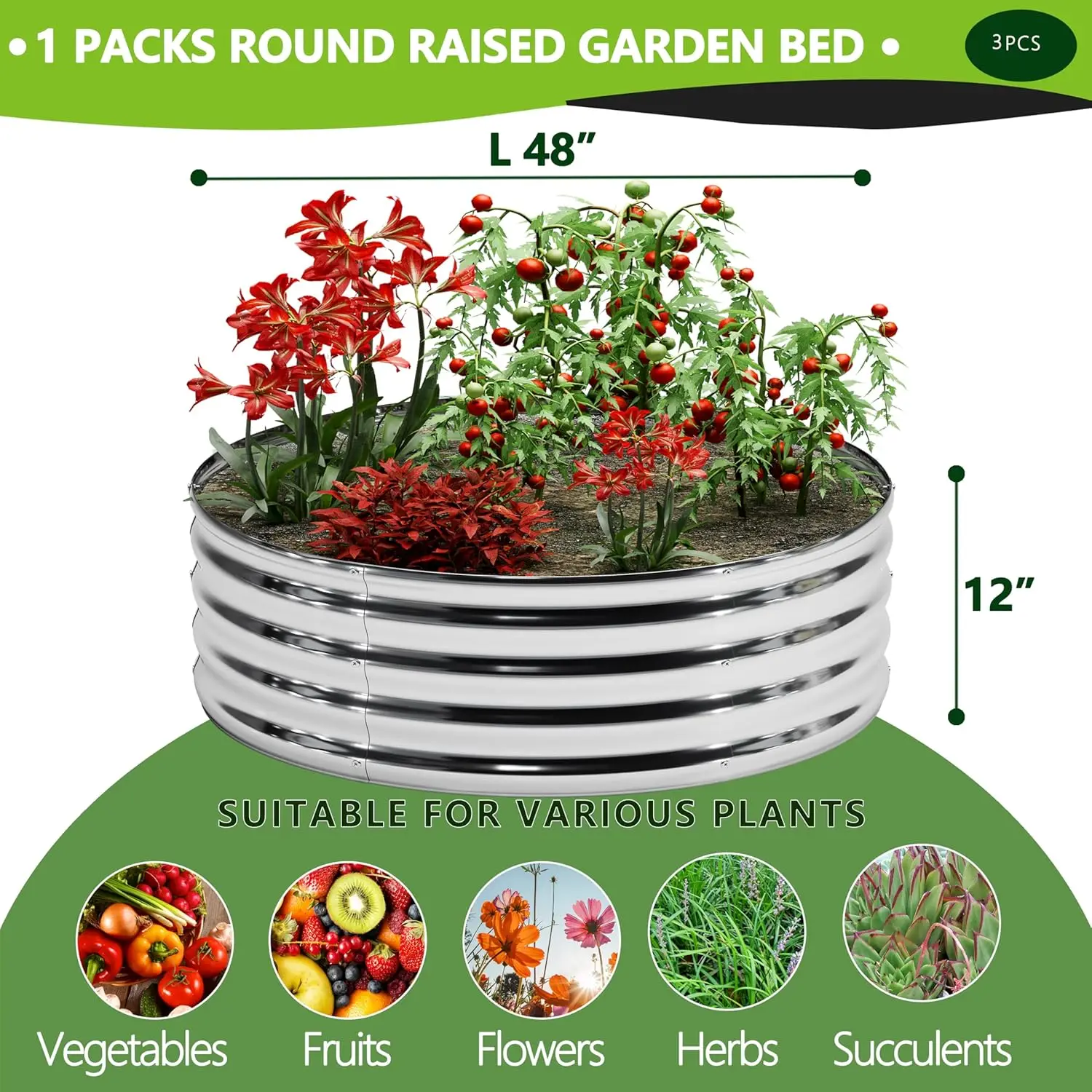 Raised Garden Bed, Galvanized Metal,3Pack 4x4x1ft, Round Design