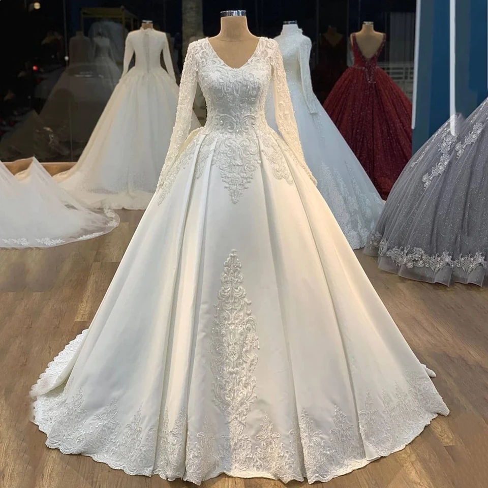 Elegante lantejoulas com decote em v mangas compridas apliques vestido de casamento 2024 vestido de baile até o chão varredura trem mancha zíper