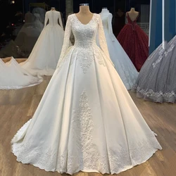 Elegante lantejoulas com decote em v mangas compridas apliques vestido de casamento 2024 vestido de baile até o chão varredura trem mancha zíper vestido de noiva