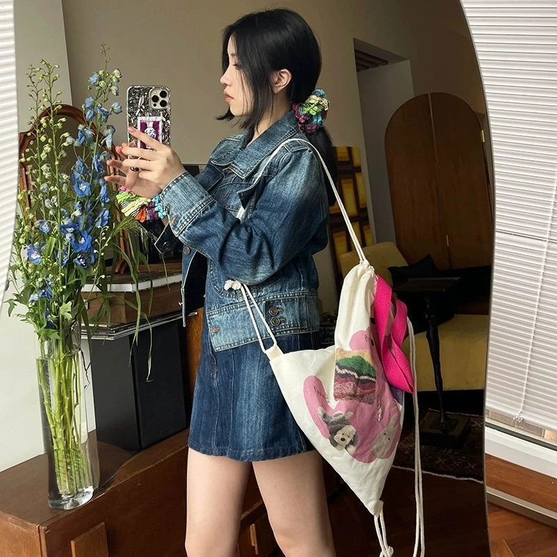 Women Casual Drawstring Shopping Bag Harajuku Kawaii Cute Dog Underarm Bag Fashion Trendy Y2k Aesthetic Chic Shoulder Handbags