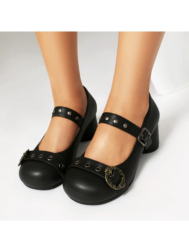 Retro Lolita Big Head Shoes Bow Single Shoes Women's Large Size 43 45 48 Round Heel Riveted Brown Leather Shoes
