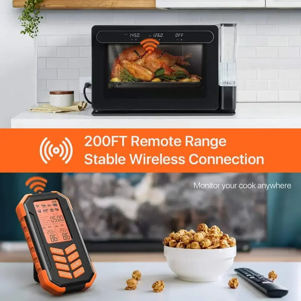 Termómetro de cocina Digital, 2 sondas, termómetro para alimentos de 200 pies, sonda impermeable para horno de barbacoa, termómetro inalámbrico para carne