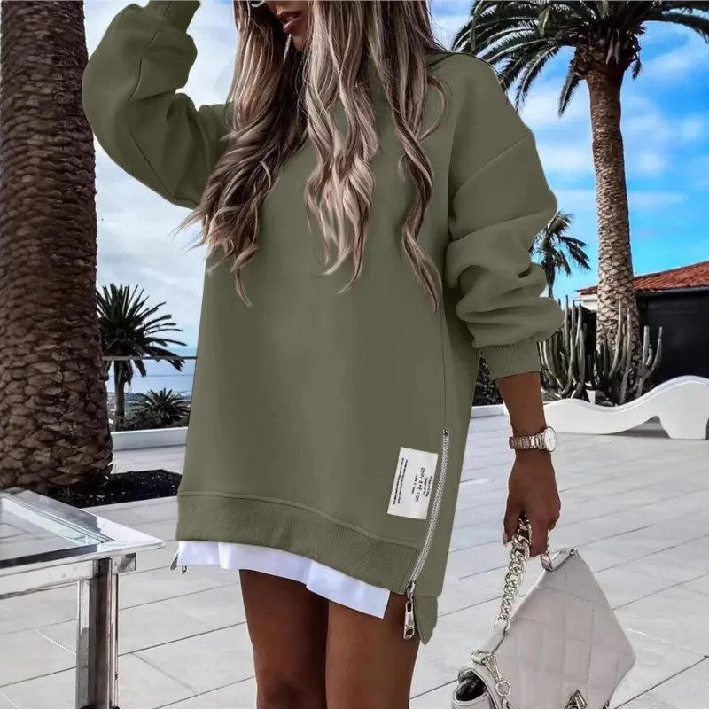 

Casual Fashion Sweatshirt Hoodie for Women 2025 Autumn Winter New Solid color Long Sleeve Loose Zipper O-neck Pullover Tops