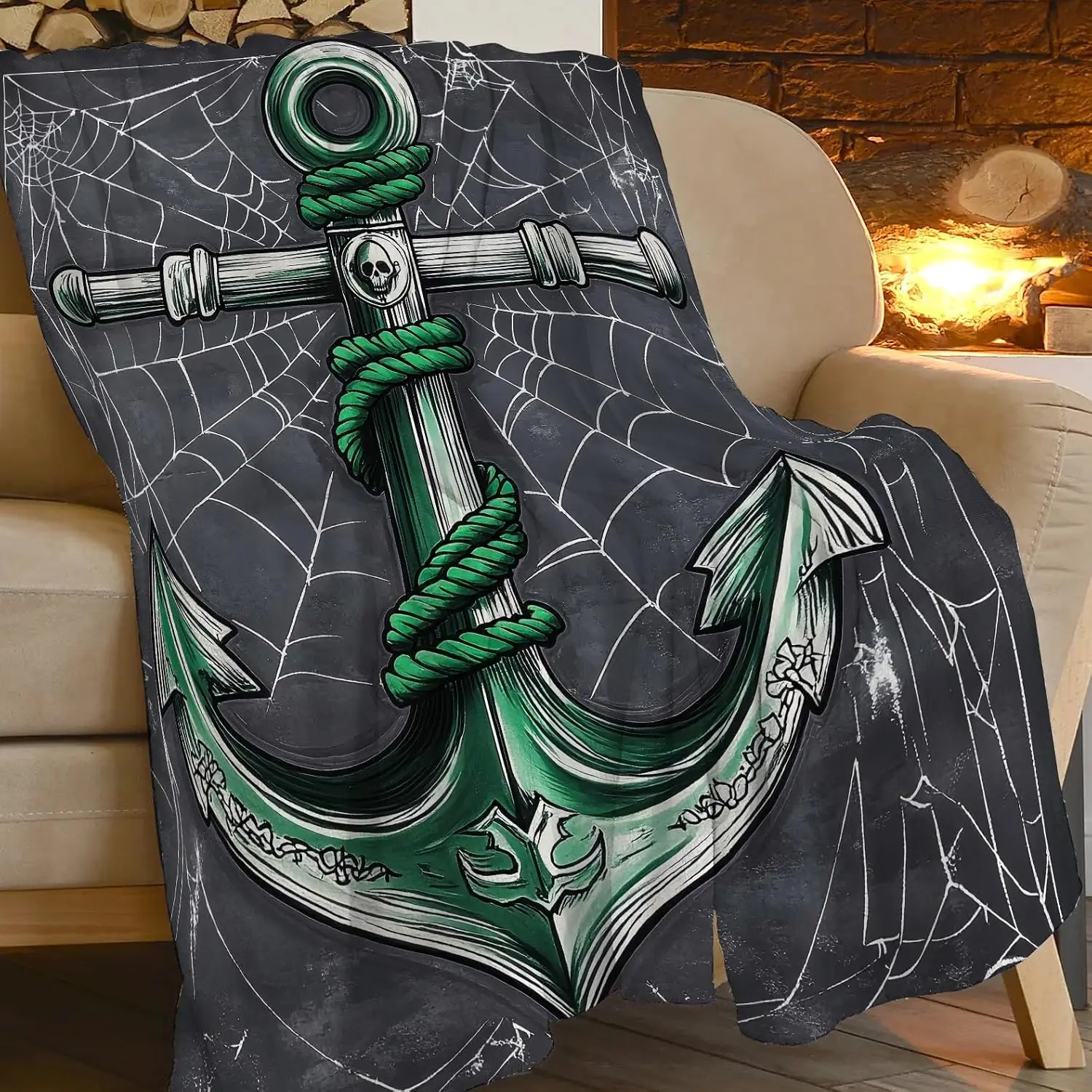 Cool Punk Anchor Skull Cobweb Dark Tone Art Flannel Blanket Soft Warm Throw for Couch Leisure Gothic Nautical Home Decor