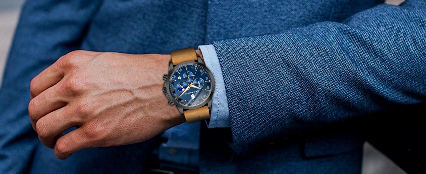 SAPPHERO Herren Chronograph Quarzuhr, 5ATM Wasserdicht, Hardlex Kristall, Lederarmband, Modische Sportuhr, Perfektes Geschenk für Männer – Detail 15