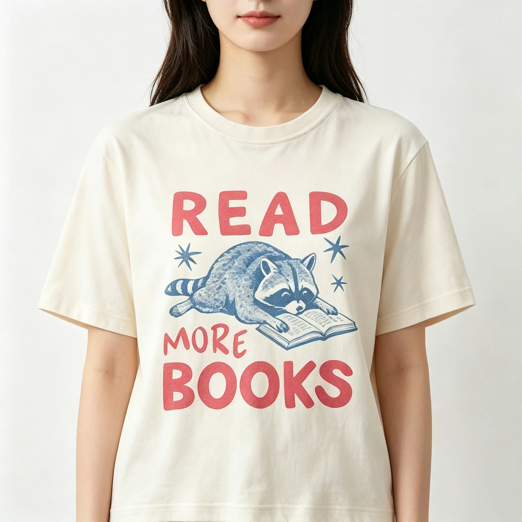 Ladies Book Lover Graphic Tee Sleepy Raccoon Reading Book Print Read More Books Letter Cotton Casual Beige Short Sleeve Tops