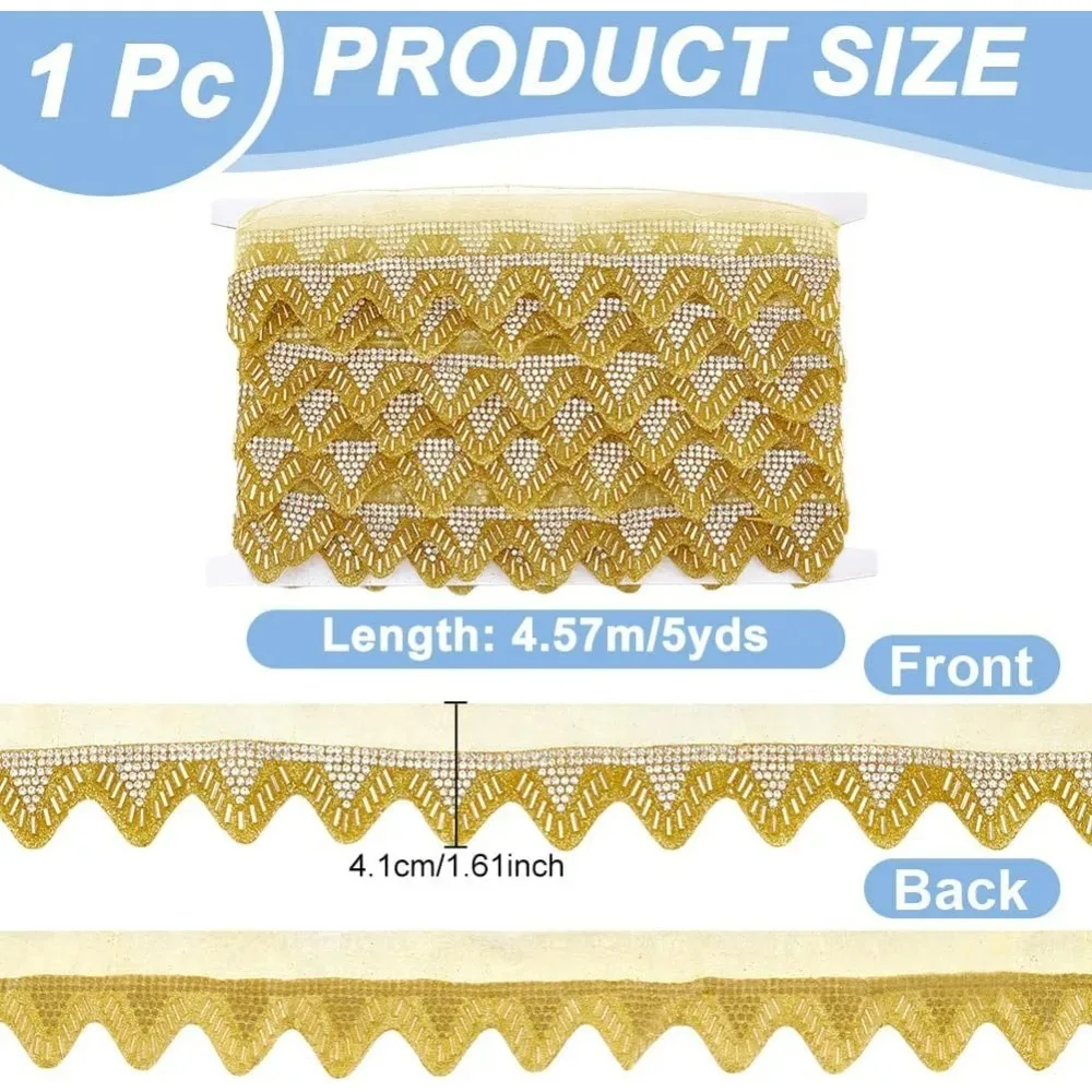 5 ياردة زخرفة الدانتيل المعدني 1-5/8 بوصة موجة حجر الراين حبة الشريط لفساتين الزفاف المزيد