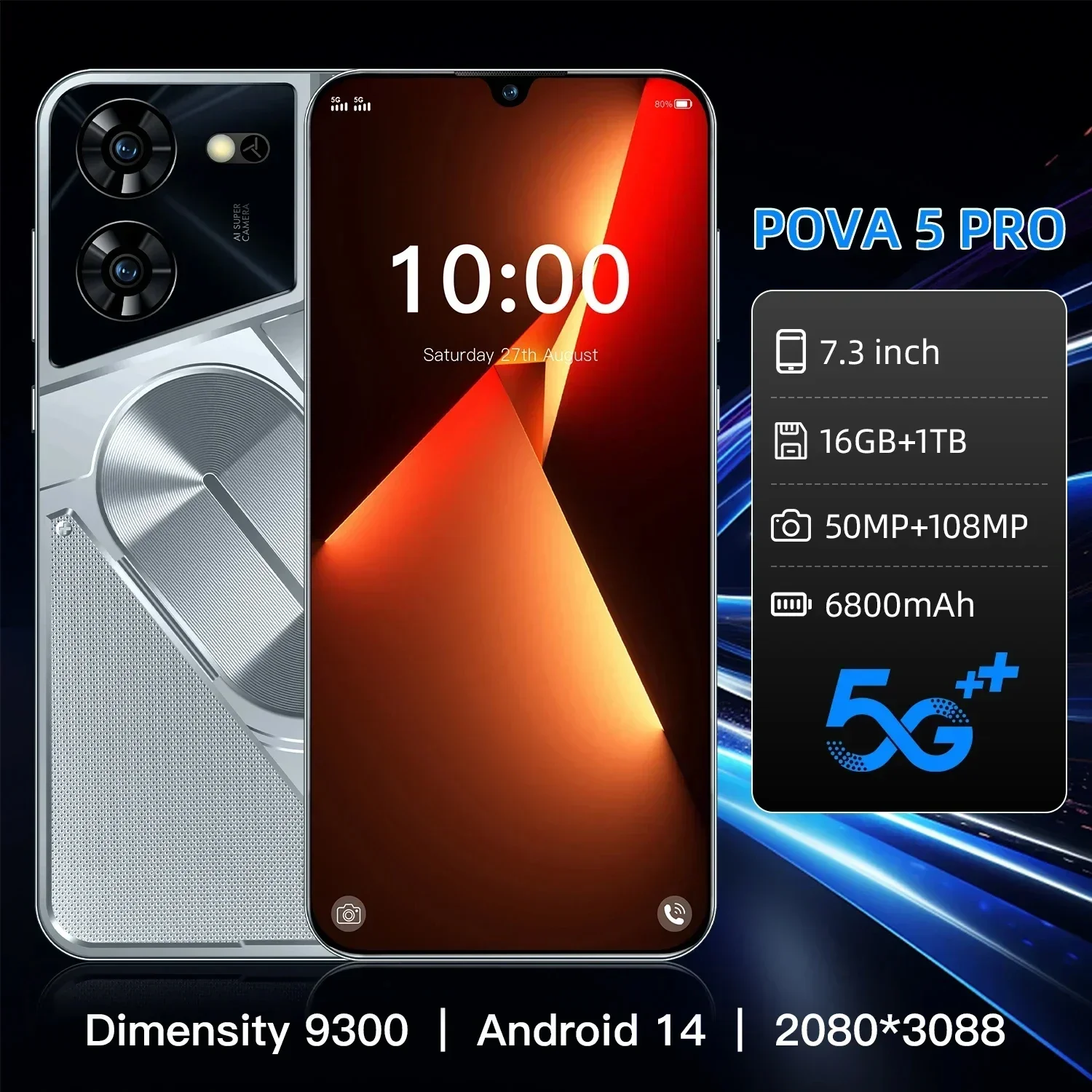 

Original Pova 5 Pro Smartphone Global Version Dimensity 9300 22G+2TB 6800mAh 50+108MP 4G/5G Cellphone Android Mobile Phone NFC