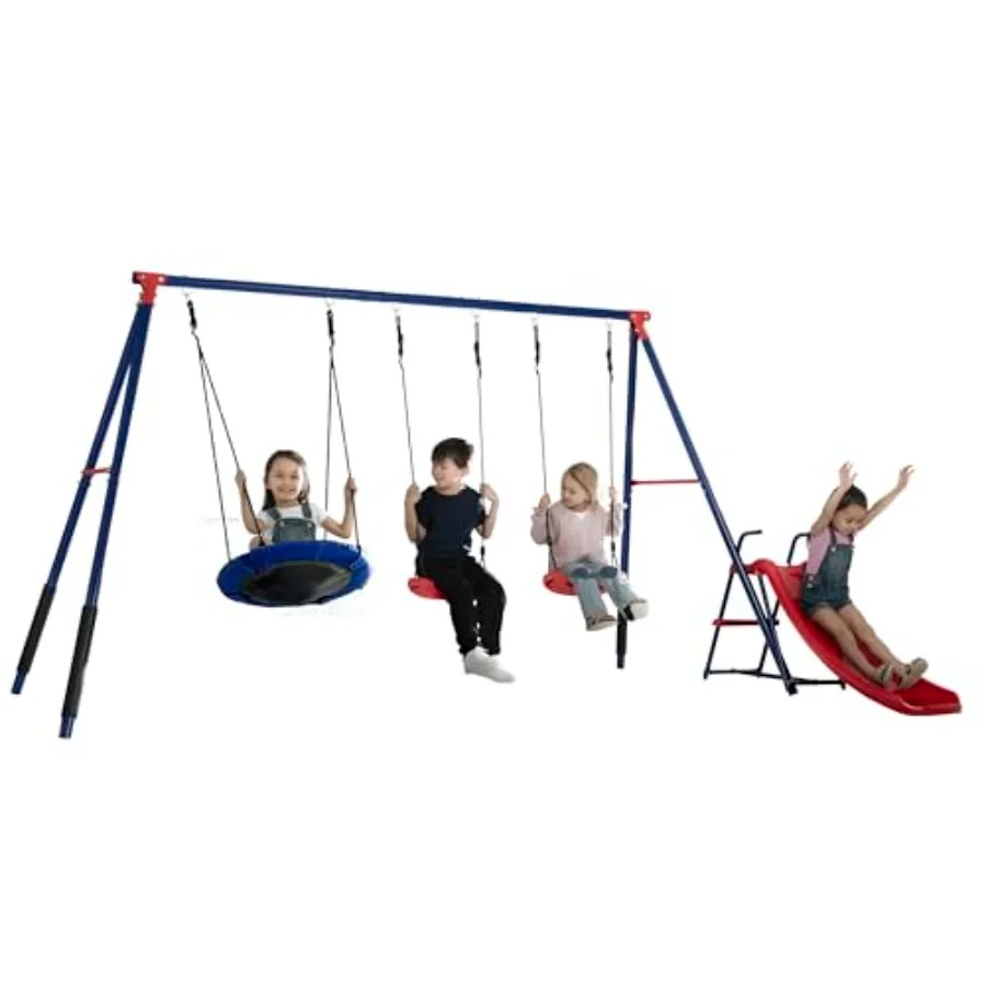 Ensemble de balançoires d'extérieur en métal 4 pièces – comprend 2 balançoires, 1 balançoire à disque/balançoire et toboggan, bleu/rouge