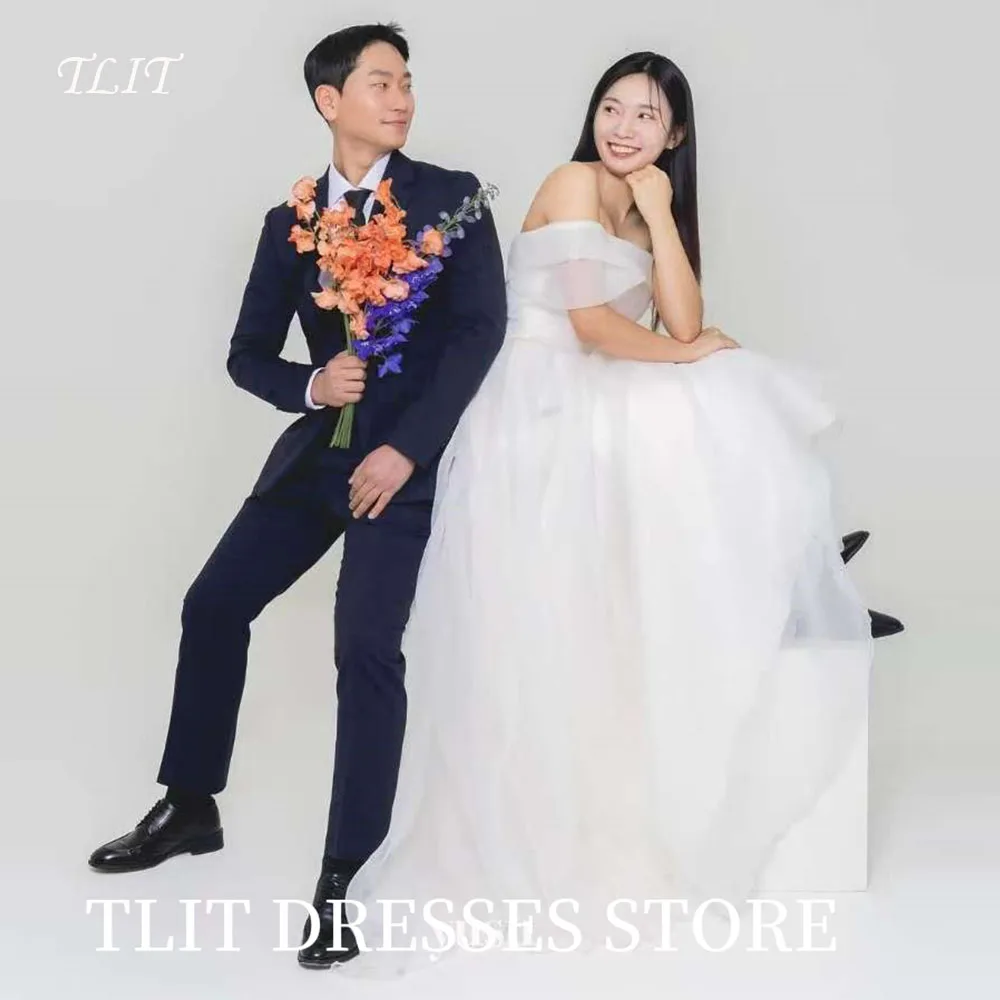 

TLIT Elegant White Chiffon Wedding Dress Off the Shoulder Prom Gowns Korea Bridal Dress Photos Shoot Customized Sweep Train