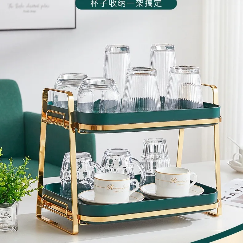 Double-layer Metal Cups Holder Cups Storage Shelf  Tabletop Dishes Cups Storage Drainage  Kitchen Organizer Two Colors