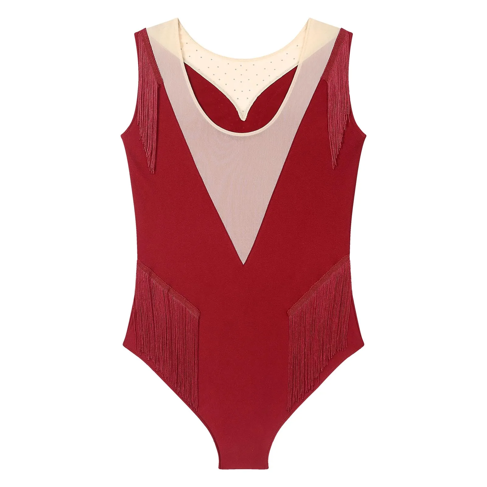 Womens Ballet Dance Leotard Figure Skating Gymnastics Latin Cha-cha Tango Samba Dancewear Shiny Rhinestone Mesh Tassel Bodysuit