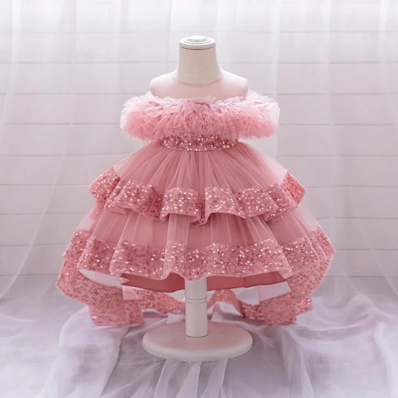 young girl's pink floral dress is perfect for summer vacations fashionable children's dresses sequins high-end design