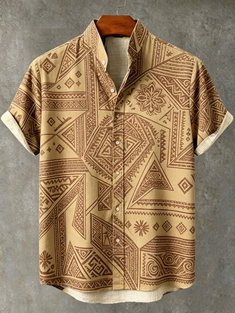 

Men's Tribal Aztec Print Stand Collar Short Sleeve Shirt Loose Comfort Casual Boho Beach Top
