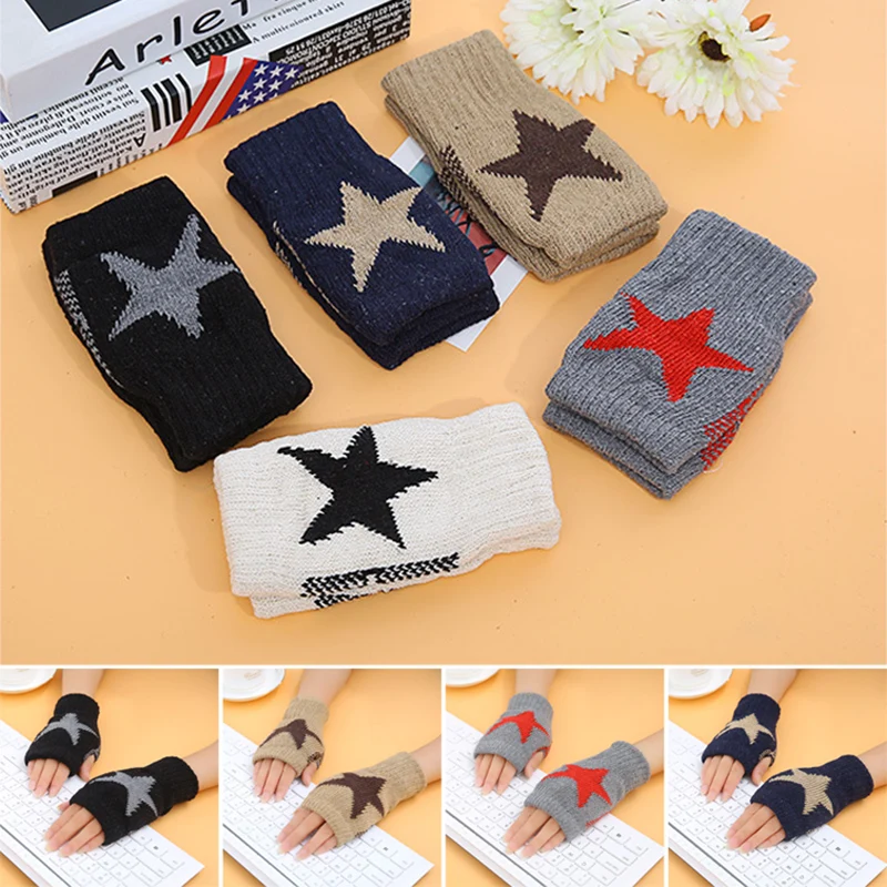 Herbst Winter Gestrickte Woolen Handschuhe Mode Männer Frauen Halb Finger Warme Fünfzackigen Stern Fingerlose Handschuhe Unisex
