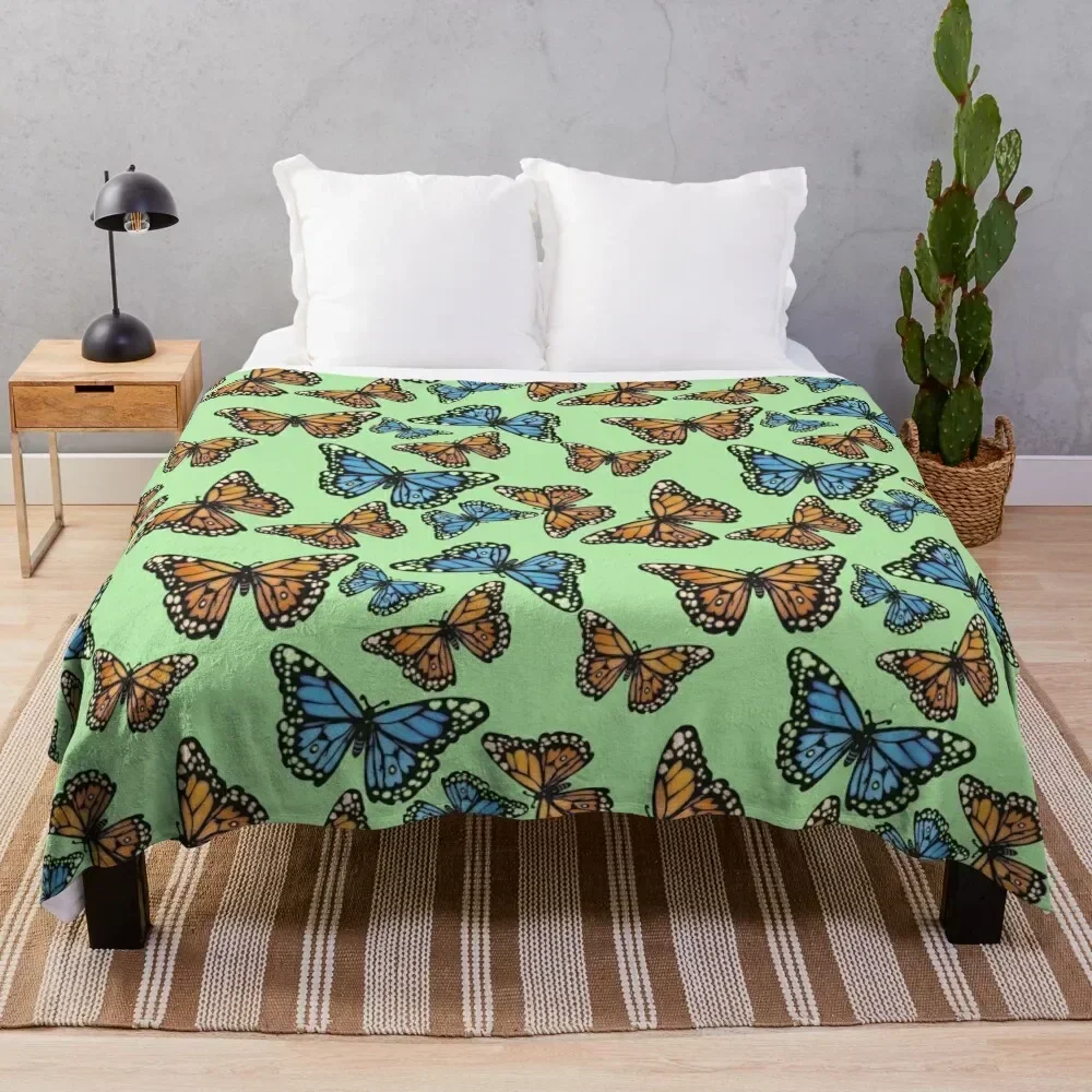 

Blue and Orange Monarchs on Pastel Green Throw Blanket Sofa Throw Multi-Purpose Beach Blankets