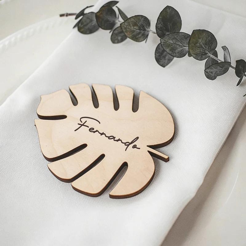 

Personalized Place Cards Wooden Palm Leaf Place Cards, Wedding Name Place Cards Monstera Wooden Name Tag Table Name Place Cards