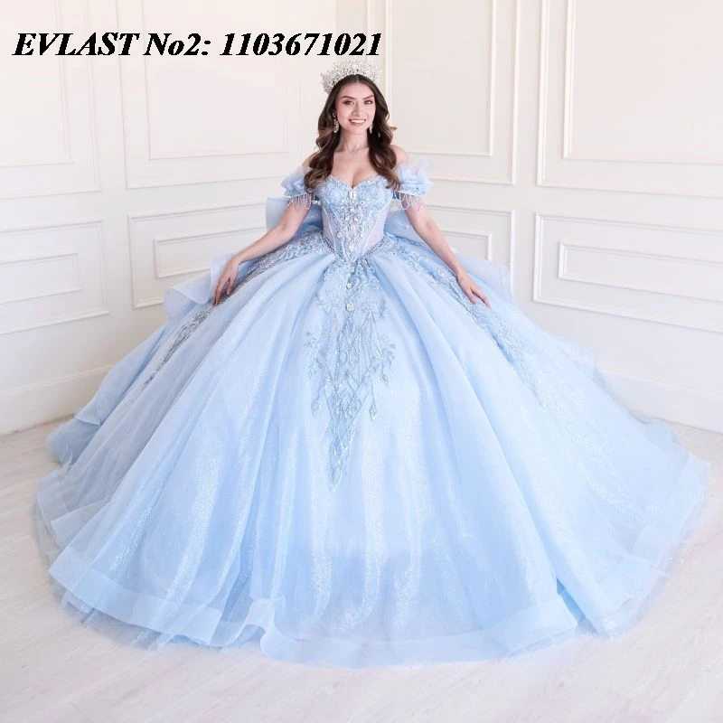 EVLAST Customized Sparkly Blue Ball Gown Quinceanera Dress Lace Applique Beading Mexican Bow Sweet 16 Vestidos 15 Anos E2QA469