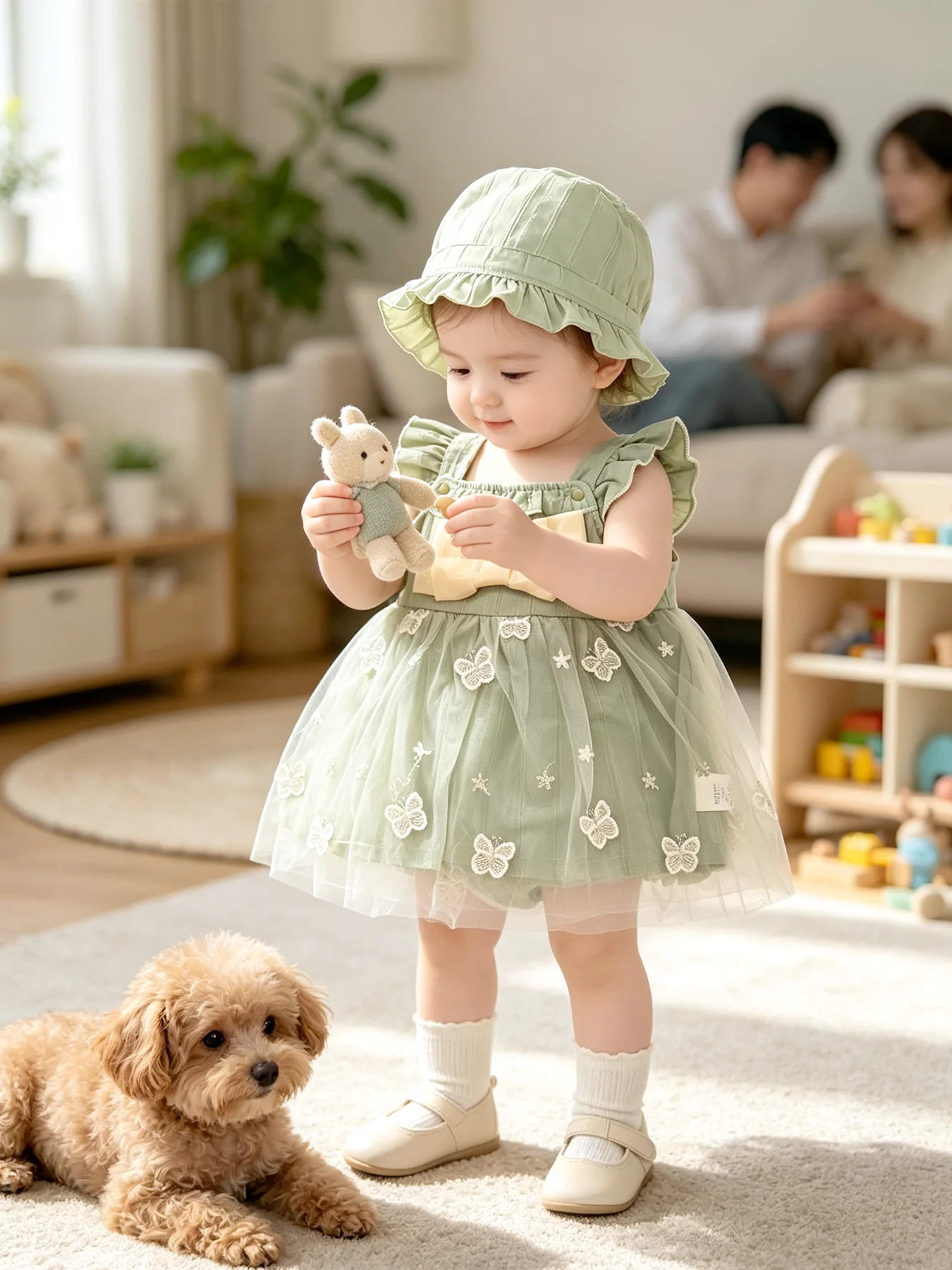 Baby-Mädchen-Kleid mit Schleife, grünen Flügelärmeln, Mesh, frisches Mädchen-Trägerkleid, Prinzessinnenkleid, zweiteiliges Set, Frühlings- und Sommerkleid – Detail 5