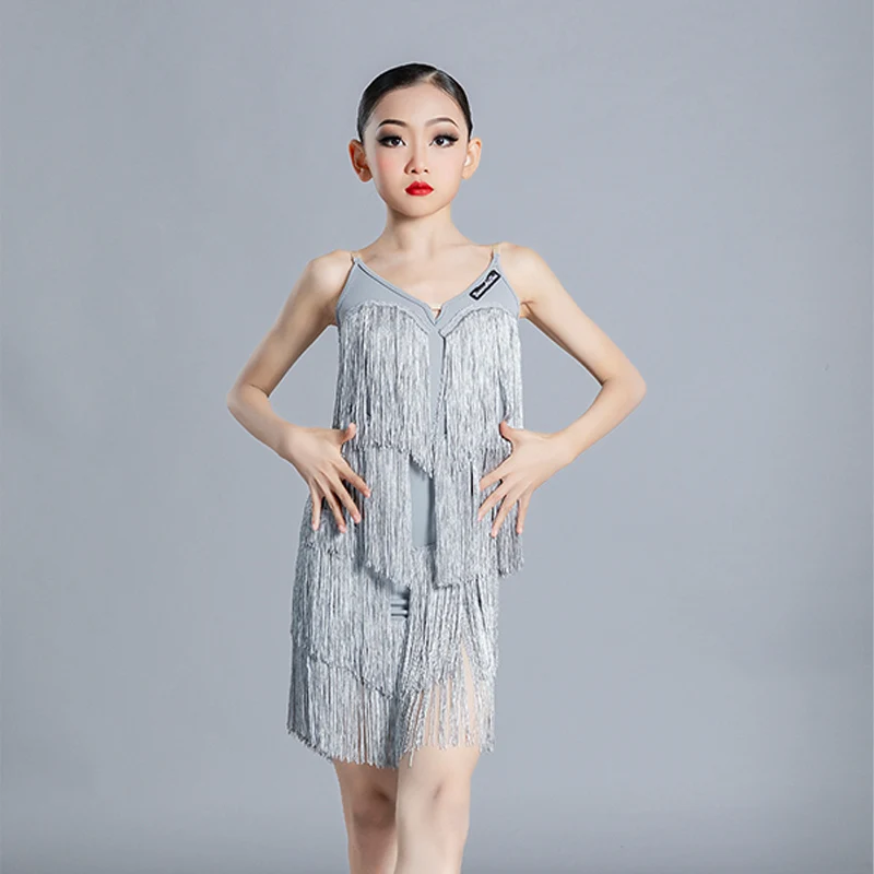 

Silver Latin Dance Fringed Dress Summer ChaCha Rumba Competition Clothes Girls Samba Practice Wear Tango Salsa Dancewear YS3473