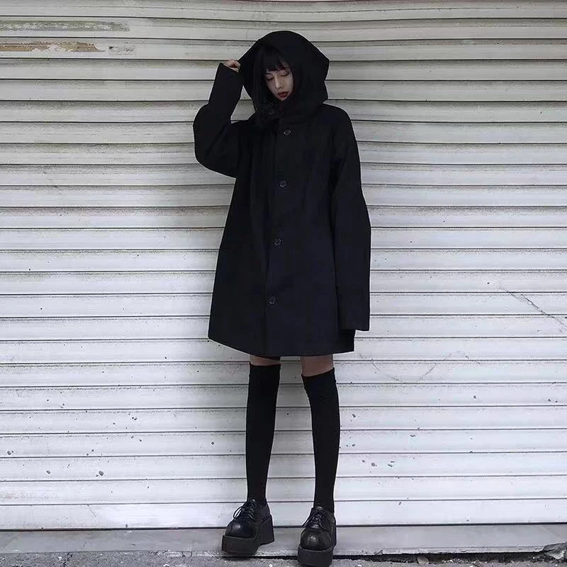 Imagem -03 - Mexzt Harajuku Preto Jaqueta Mulheres Escuro Acadêmico Manga Comprida Solta com Capuz Midi Outwear bf Streetwear Oversized Casual Capes Cabolsas