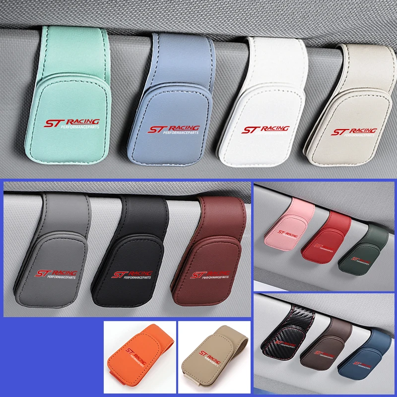 Clip de cuero para gafas de coche, caja para gafas de sol, soporte para tarjetas y billetes para Ford S-MAX Kuga Mondeo Fusion KA Everest Escape ST Racing