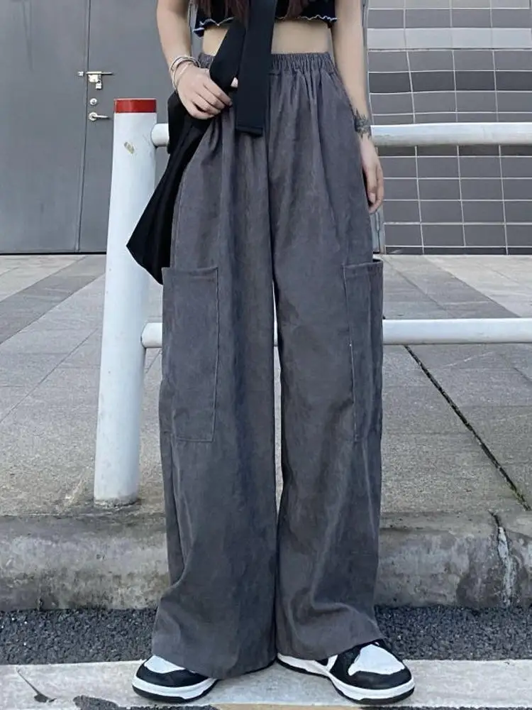 

Женские свободные повседневные брюки Harajuku Sle с широкими штанинами, модные брендовые рабочие брюки с большими карманами, удобные прямые брюки