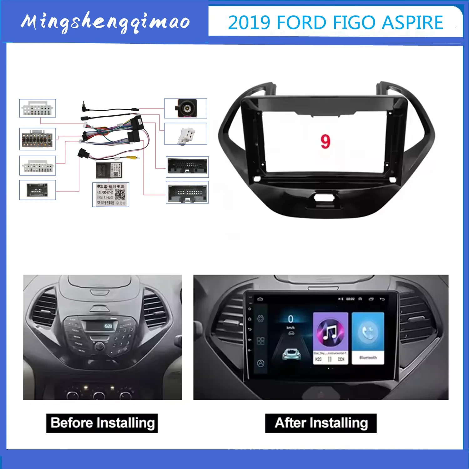 Car Multimedia Fascia Cable Canbus for Ford FIGO 2015-2018 Frame Dashboard Mount Kit 9 Inch 2 Din