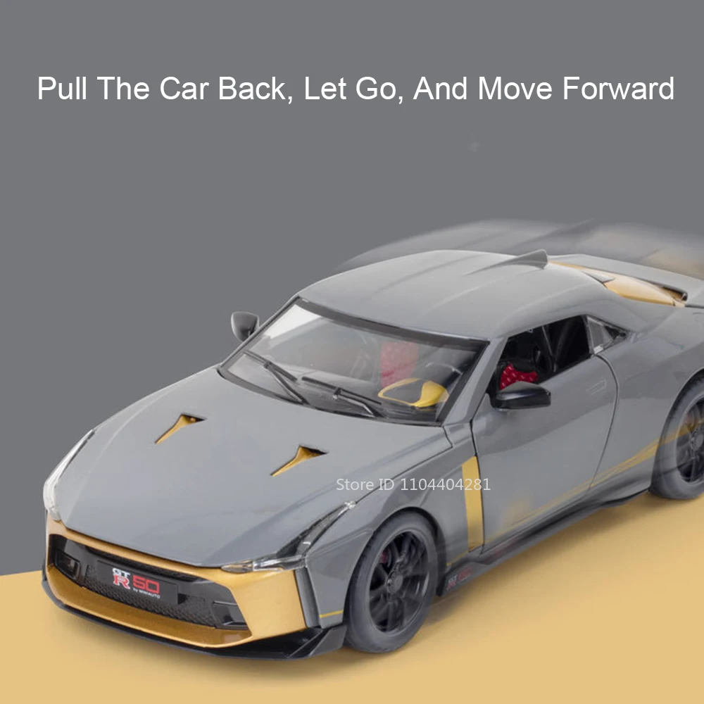 Modelo de juguete en miniatura GTR50 R34 1:24, coche de aleación fundida, sonido, luz, puertas extraíbles, vehículo en miniatura abierto, regalo de cumpleaños para Amiga
