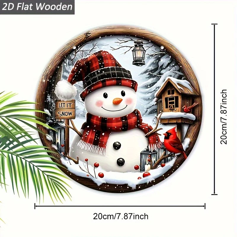 2D flaches kreisförmiges Schild aus Weihnachtsschneemann und Vogelhäuschen aus Holz – Winterdekoration, Weihnachtstür- und Fensterdekoration