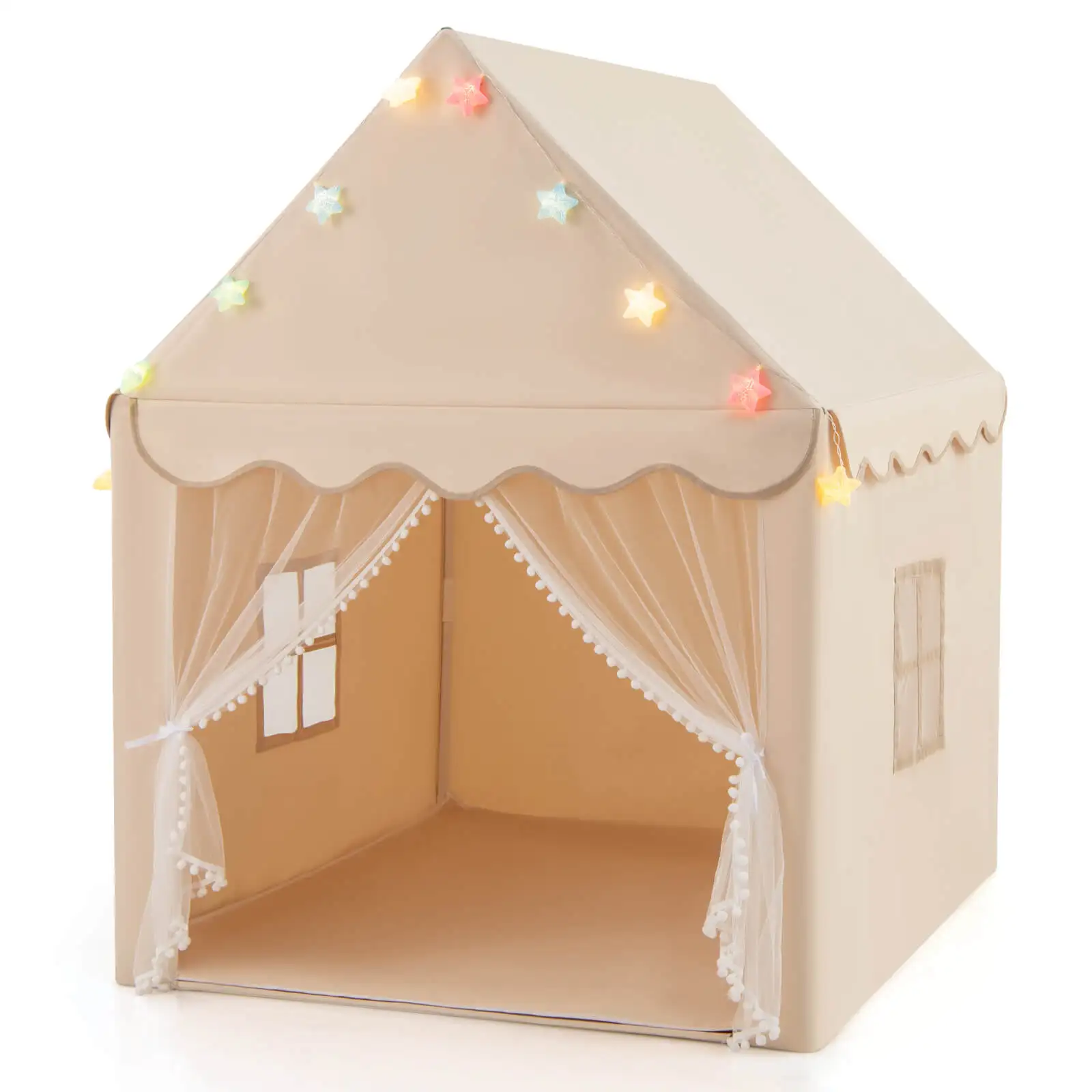 Honeyjoy Kids Playhouse Tent Large Castle Fairy Tent w/Star Lights Mat Beige