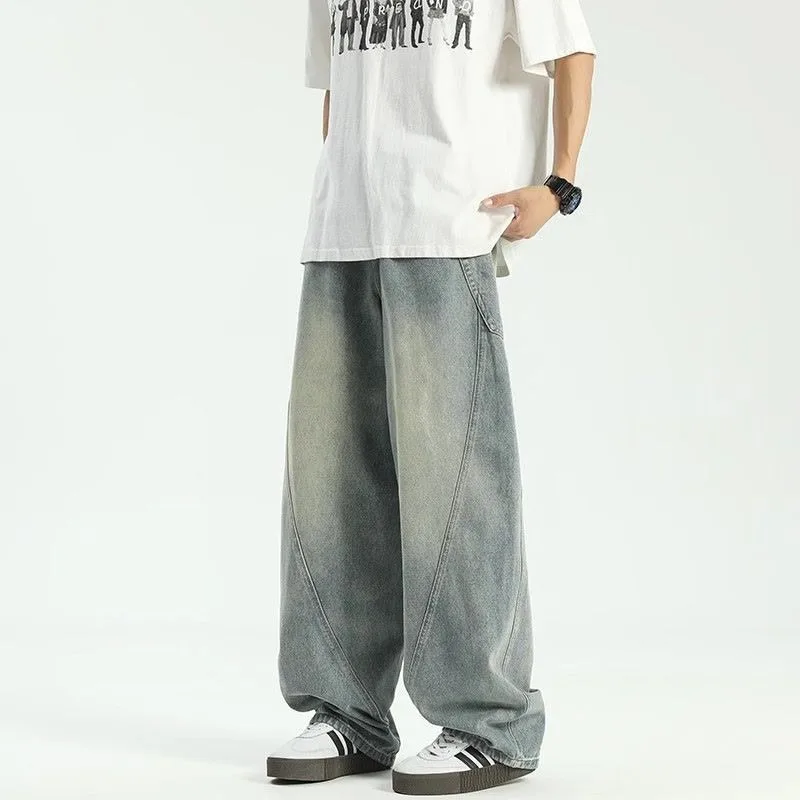 Men Vintage Washed Stitch Detail Loose Wide Leg Denim Pants