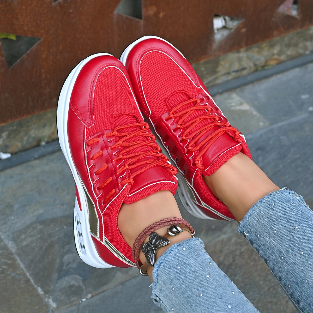 New Women's Sneakers - Fashionable, Casual, Running, Solid Color, Breathable, Comfortable, Strap up, Slope Heel Women's Shoes
