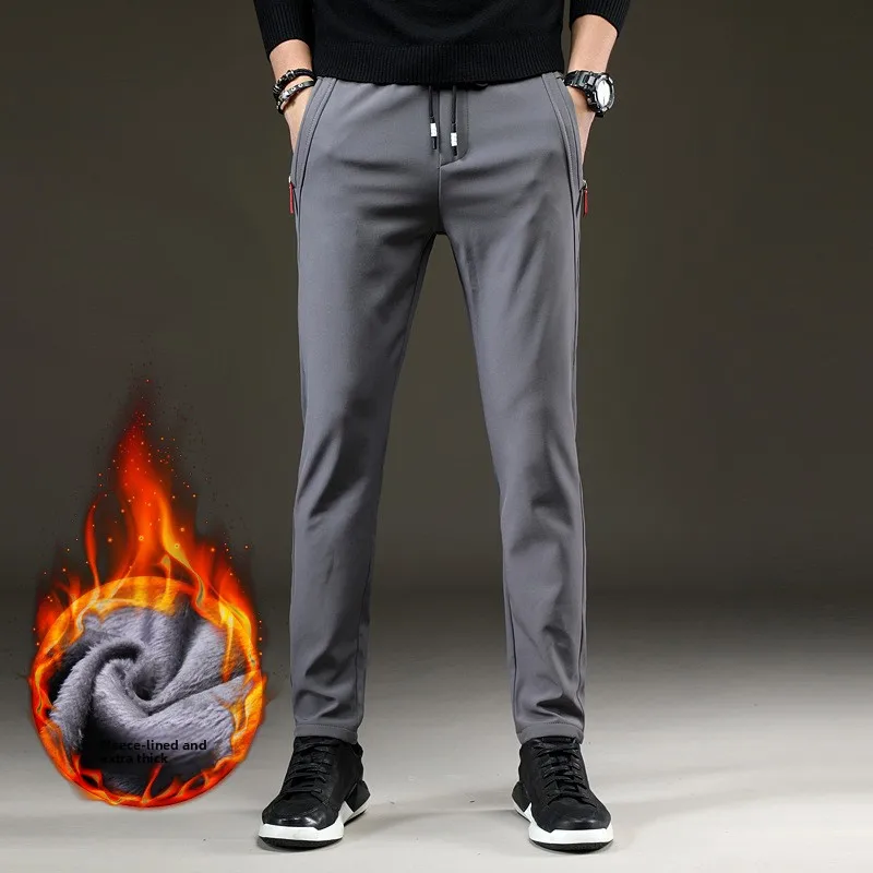 

Men's Casual Thiened Fce Lined Slim Fit Sports Pants Autumn Winter Faionable Elastic Straight Leg Long Trousers