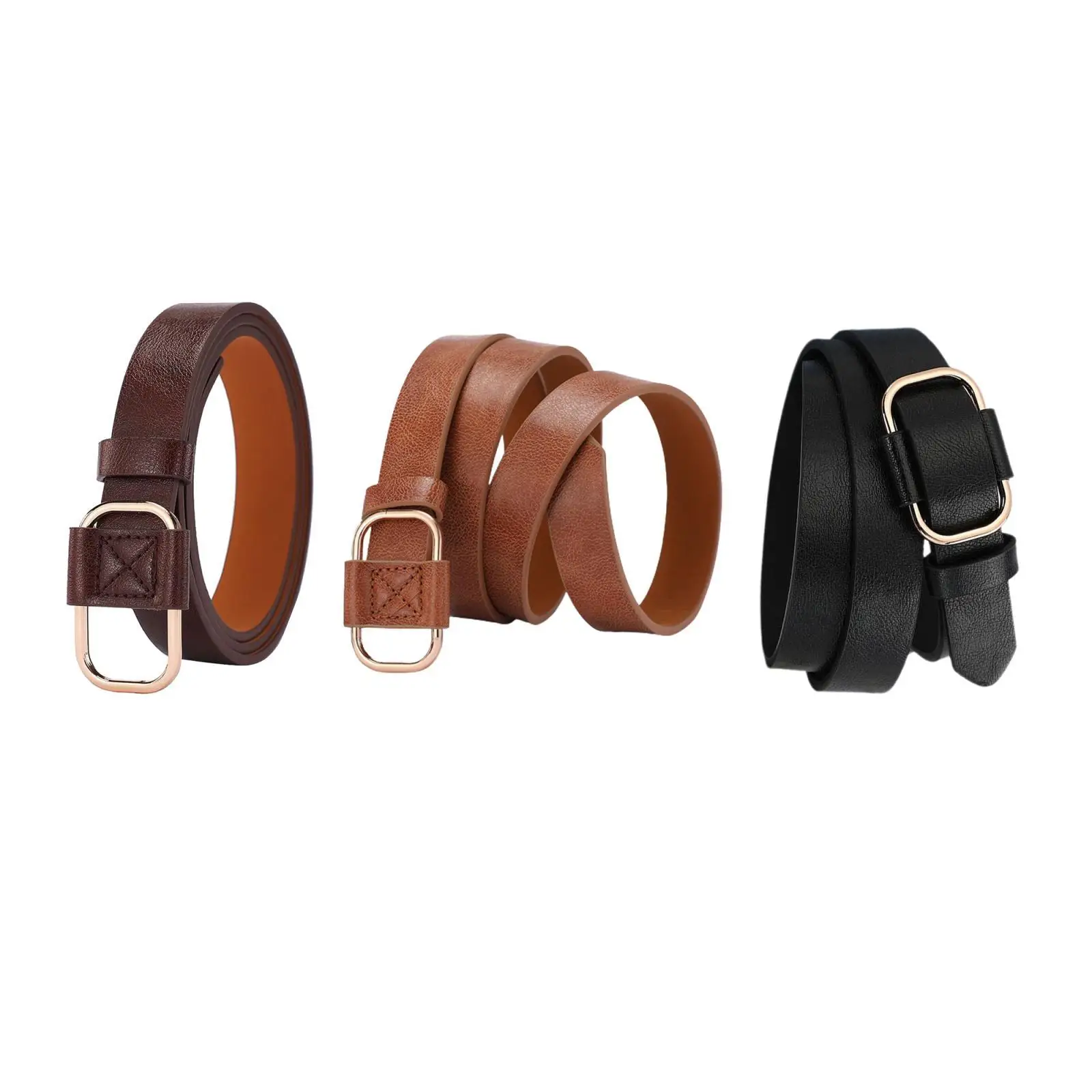 2-6pack Women Leather Belts Jeans Belts with Alloy O-Ring Buckle No Pin Black