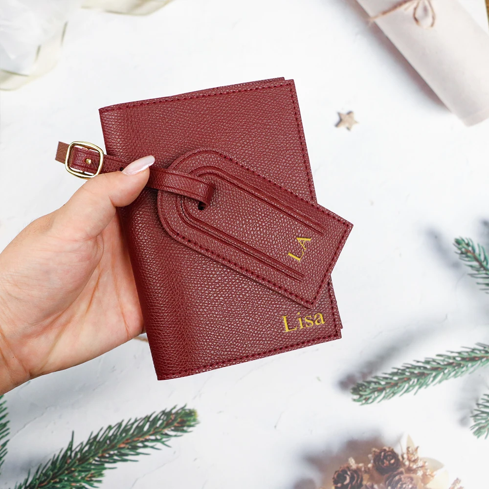 Étiquette de bagage anti-perte en cuir pu avec lettre personnalisée + ensemble de deux pièces pour porte-documents et passeports de voyage