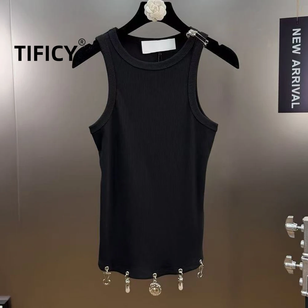 High Street Tees Tank Tops Women's Round Neck Sleeveless Pin Metal Tassel  Heavy Industry Thread Cotton Tight Tanks Top