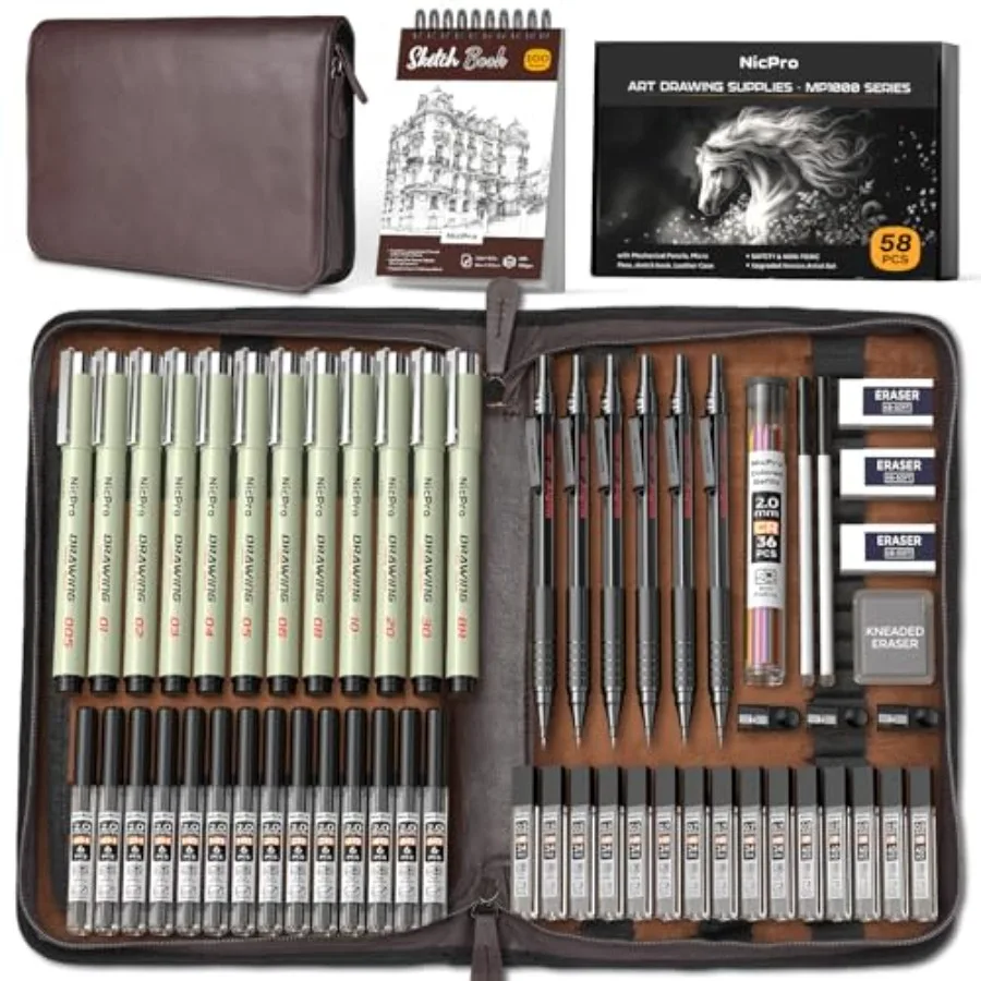 

58PCS Art Drawing Supplies Kit in Leather Case MP1000 Black Metal Mechanical Pencil Set with Drafting Pencil 0.5 0.7 0.9 and 2m