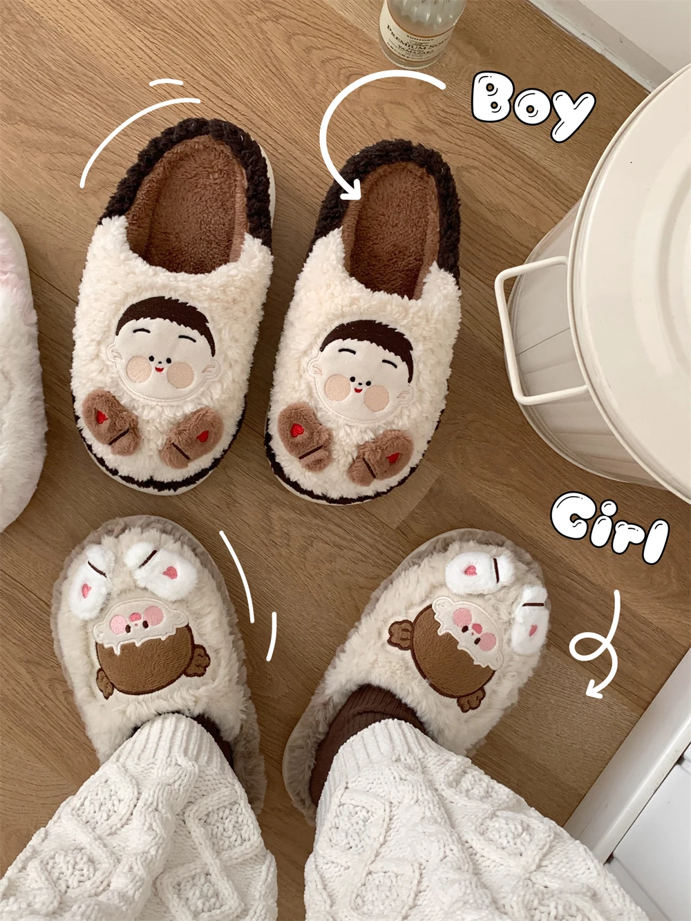 

Lovers Cute Cartoon Cotton Home Slippers For Men Women Winter Half Pack Heel Thick Sole Warm Plush Household Indoor Slippers